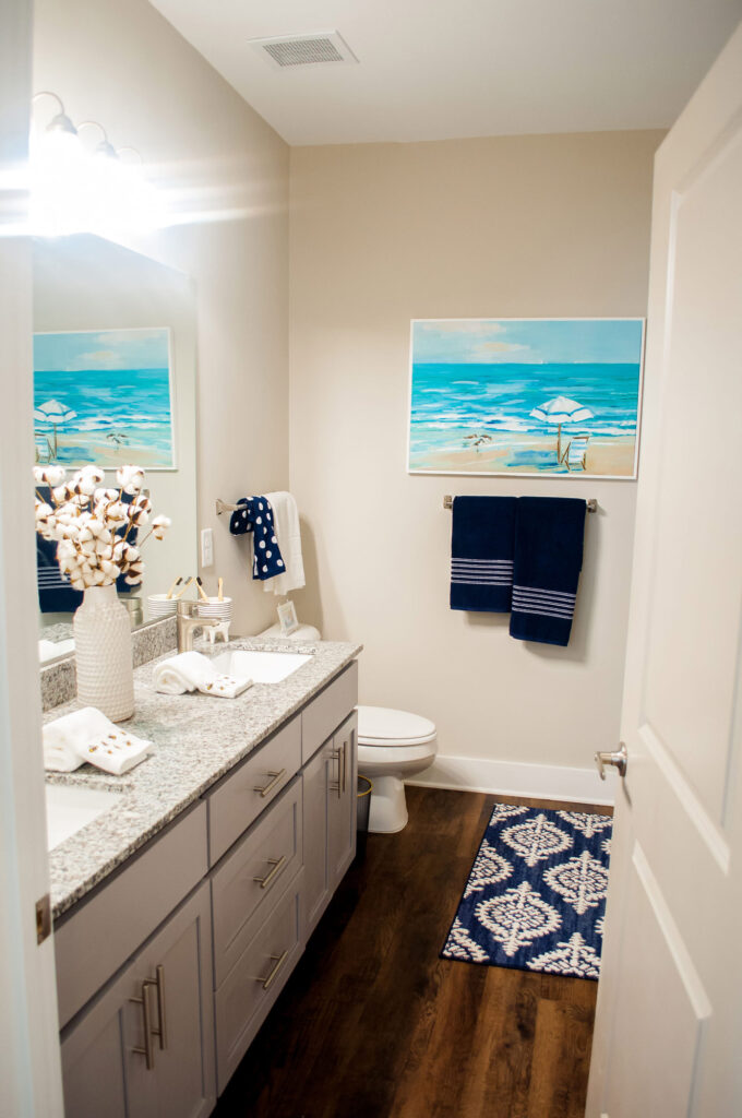 Dual sinks in luxury apartment bathroom