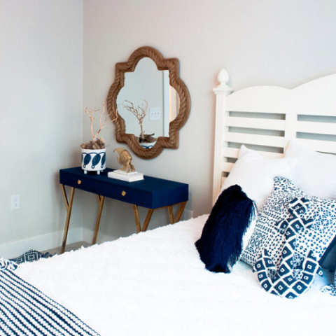 navy and white themed bedroom