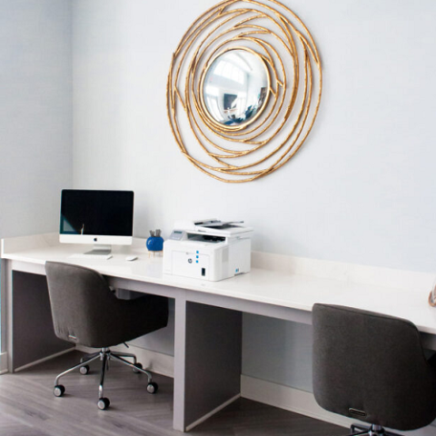 computer desk with iMac and printer