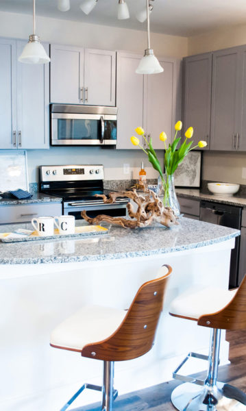 kitchen are with island, stainless steel appliances, and wood-like flooring