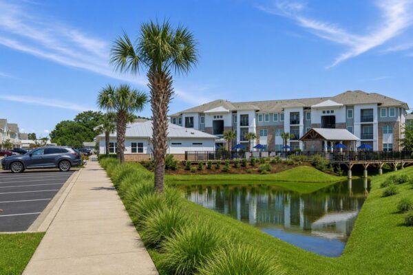 A sidewalk runs beside a pond with palm trees, leading to modern apartment buildings under a clear blue sky. Cars are parked on the left and a wooden bridge crosses the pond.