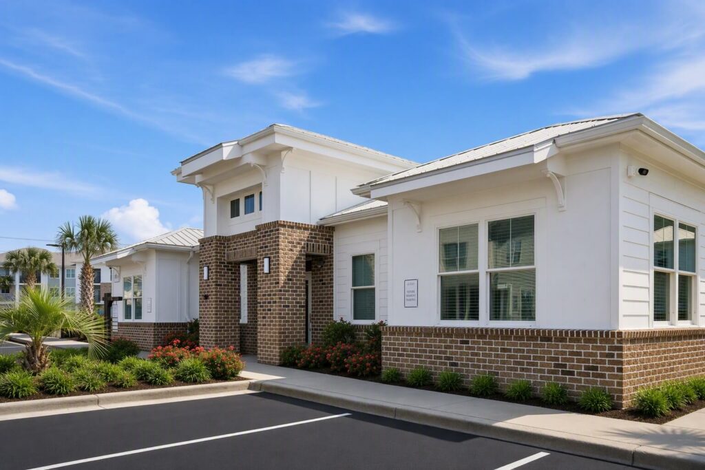 A modern, single-story building with white siding and brown brick accents, large windows, landscaping with flowers and palms, and an empty parking lot under a blue sky.