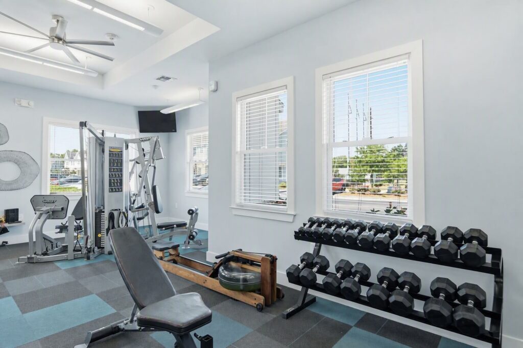 A bright, modern gym with exercise machines, a weight bench, a rowing machine, and a rack of dumbbells next to windows letting in natural light.