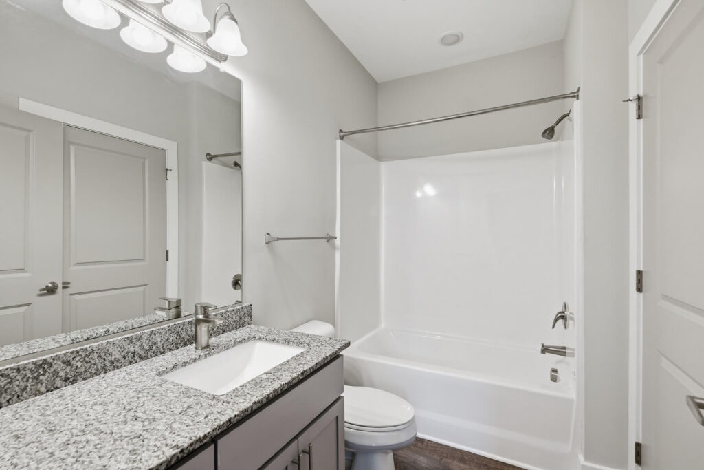 Modern bathroom with granite countertop, rectangular sink, silver faucet, large mirror, white bathtub with shower, and gray cabinet. Bright lighting and neutral wall color create a clean, contemporary look.